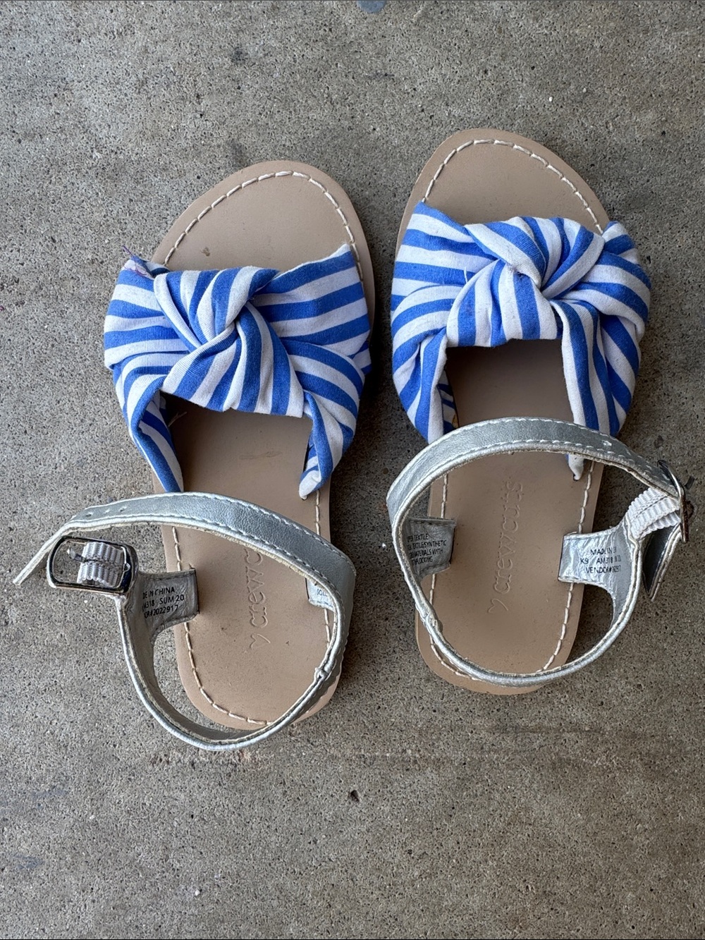 Crewcut Girls Blue & White Striped Knot Sandals with Silver Ankle Strap Size 9
